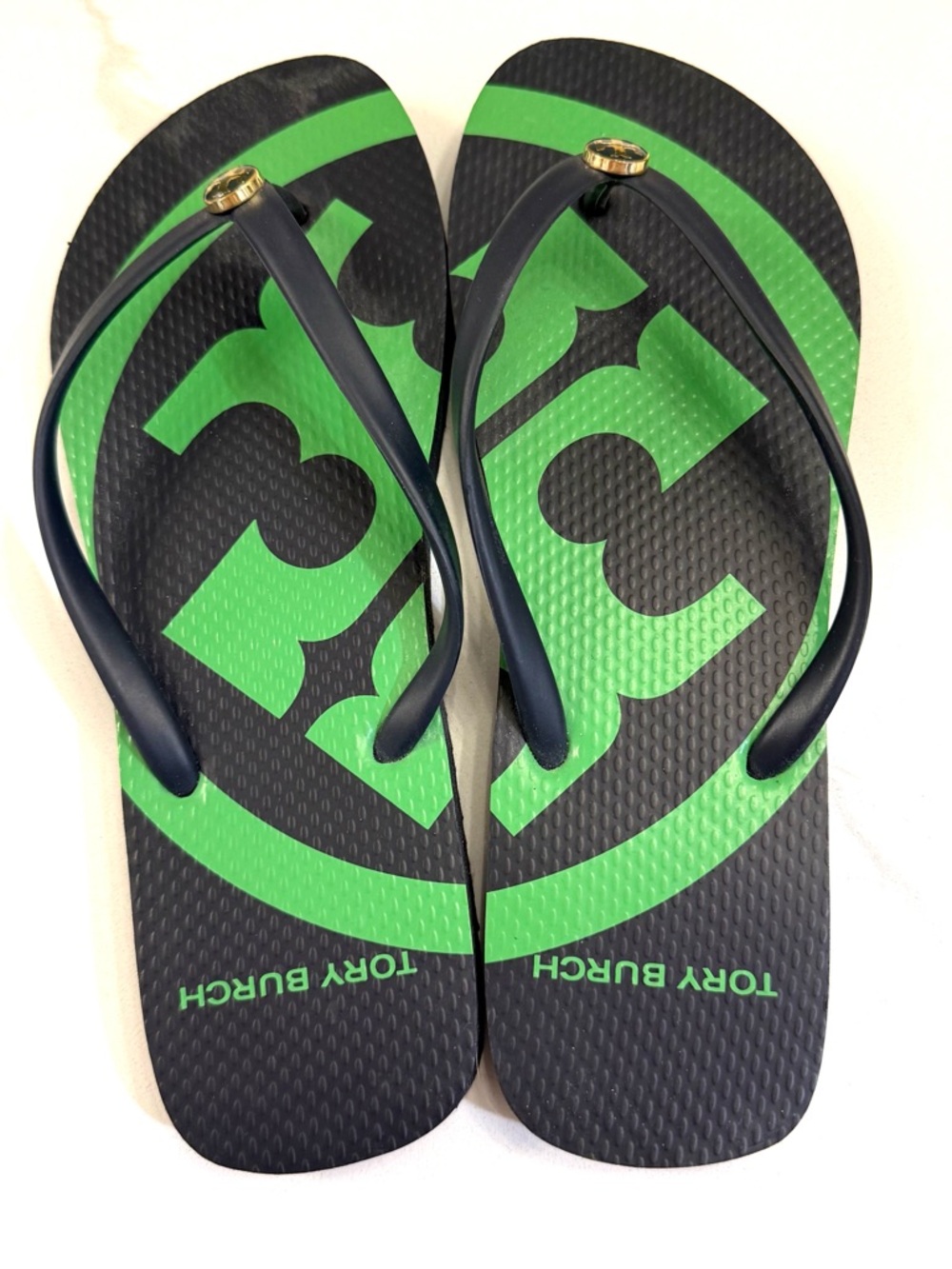 Brand New!Tory Burch Navy Blue & Green Logo Flip Flops-Size 8 - Picture 4 of 6